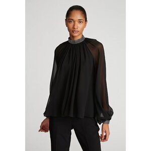 Vine and Love Embellished Chiffon Long Sleeve Blouse Size Large Rhinestone Black